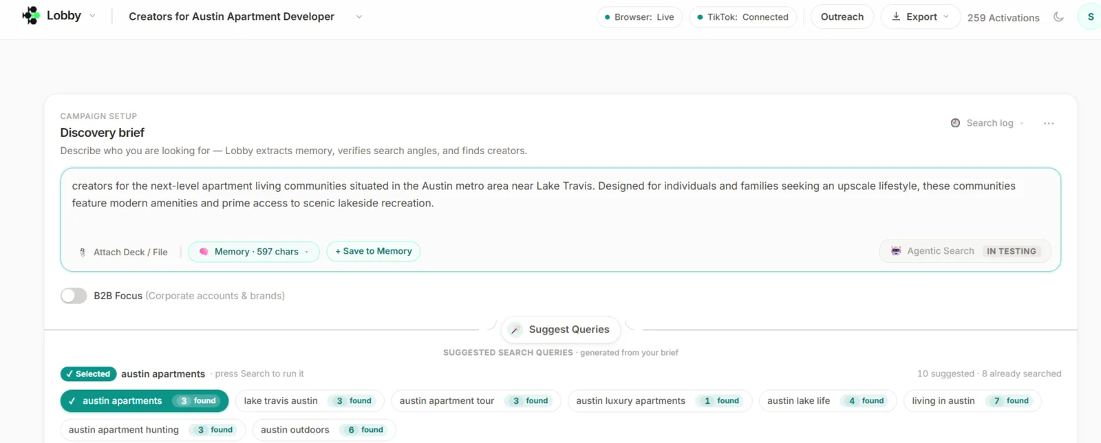 Lobby discovery brief with suggested niche search queries